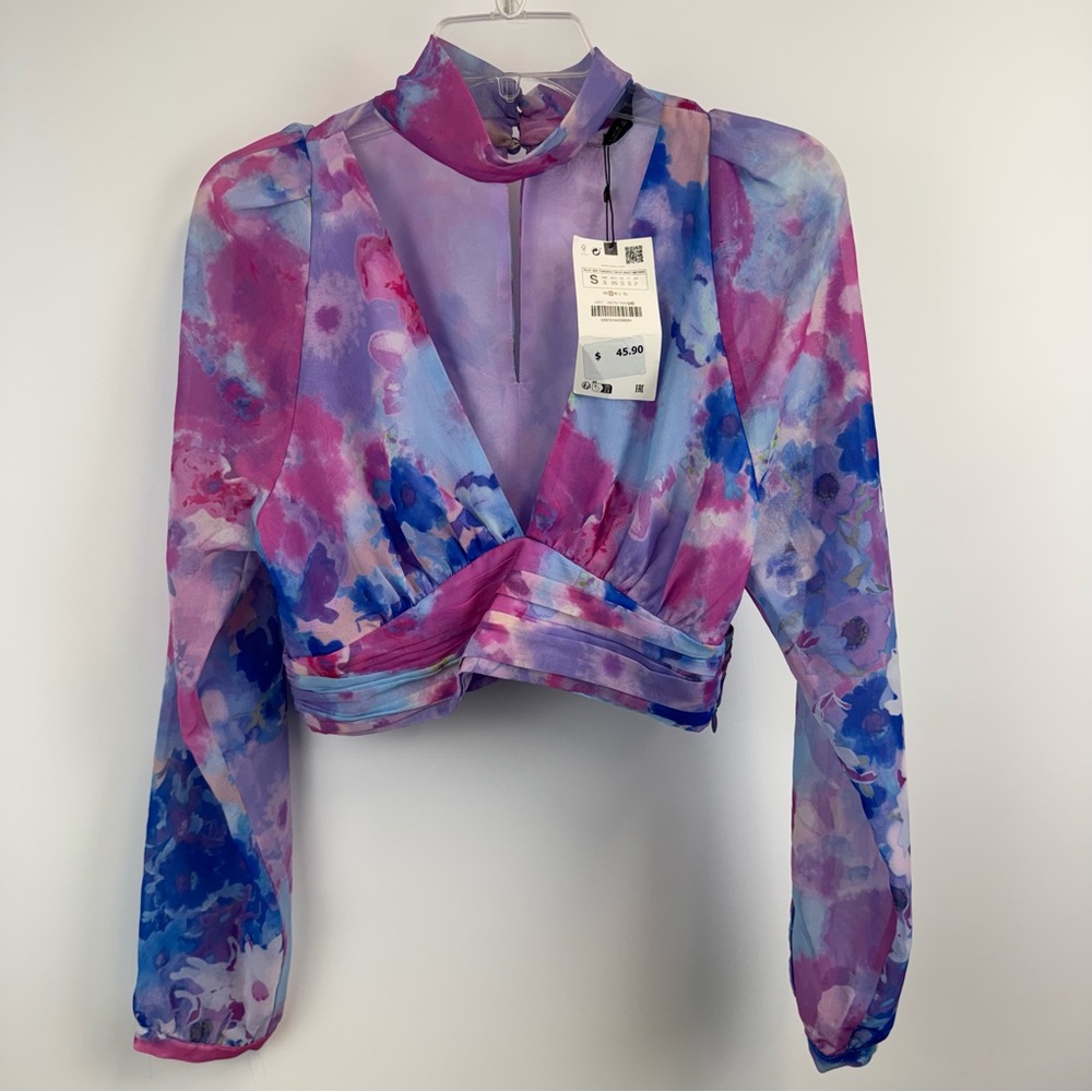 Zara Pink Purple Blue Floral Sheer Mock-Neck Crop Top